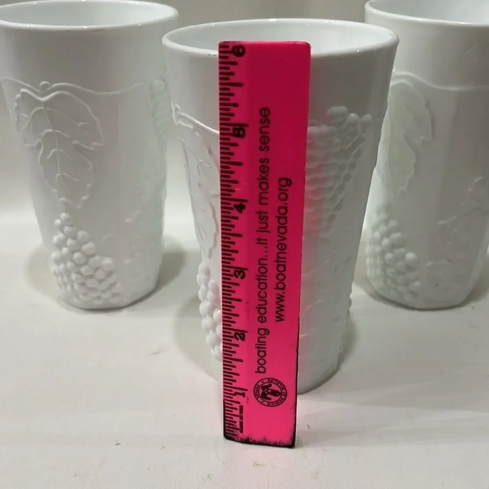Indiana White Milk Glass Drinking 16 Ounces Glasses Tumblers Raised Grape Leaves